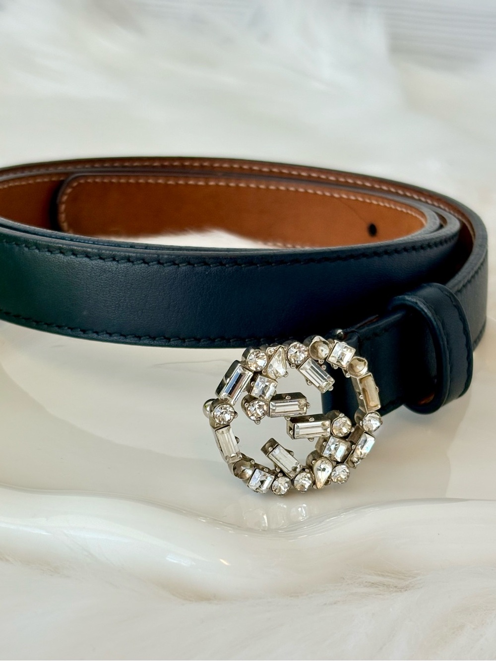 Gucci Black Leather Interlocking Crystal GG Skinny Belt - Picture 5 of 14